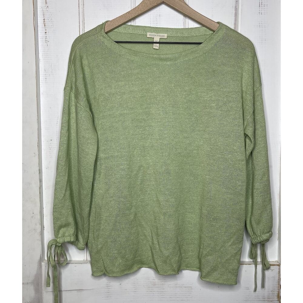 Eileen Fisher Organic Linen Sweater Pistachio Green 3/4 Tie Sleeve Light Knit XS